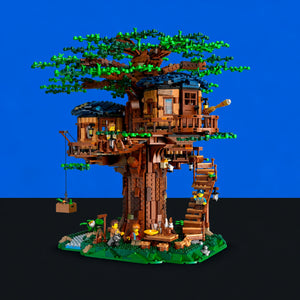 [built-blue-black] A detailed LEGO treehouse set with multiple levels, stairs, a swing, and small minifigures, photographed against a solid blue and black background.