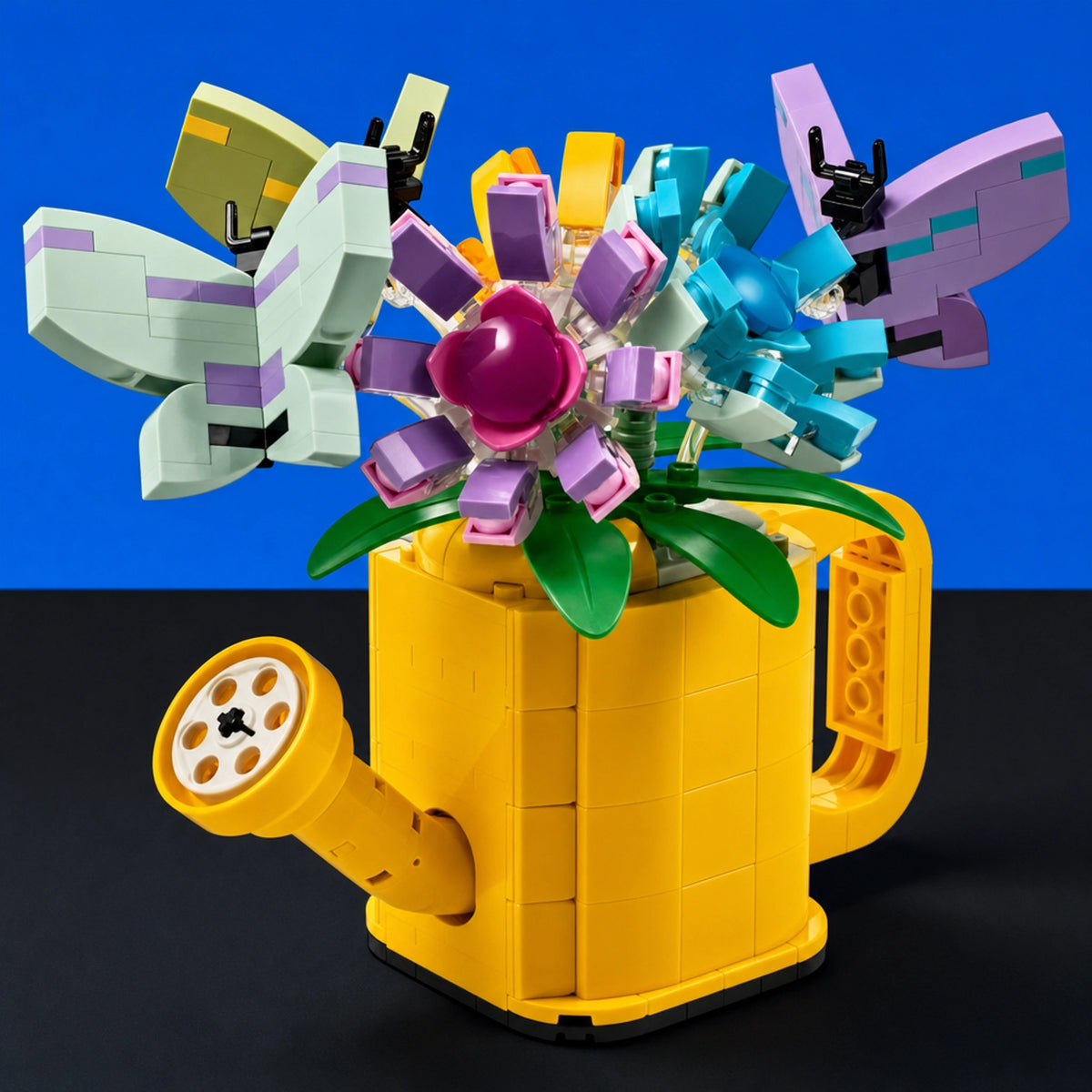 [built-blue-black] A LEGO-style building set assembled into a yellow watering can with colorful flower blooms and butterfly wings, photographed against a blue and black studio background.