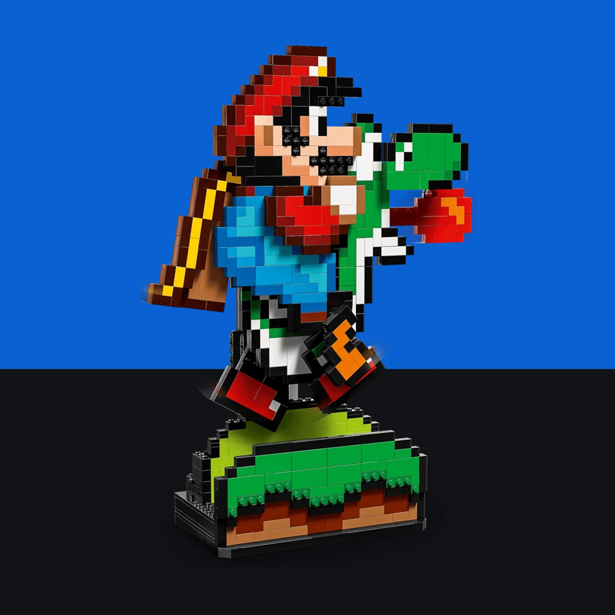 [built-blue-black] A pixel-art style building block sculpture of Mario jumping on a green grassy platform, set against a split blue and black background.