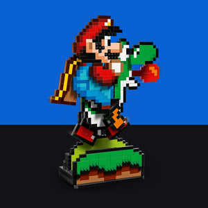 [built-blue-black] A pixel-art style building block sculpture of Mario jumping on a green grassy platform, set against a split blue and black background.