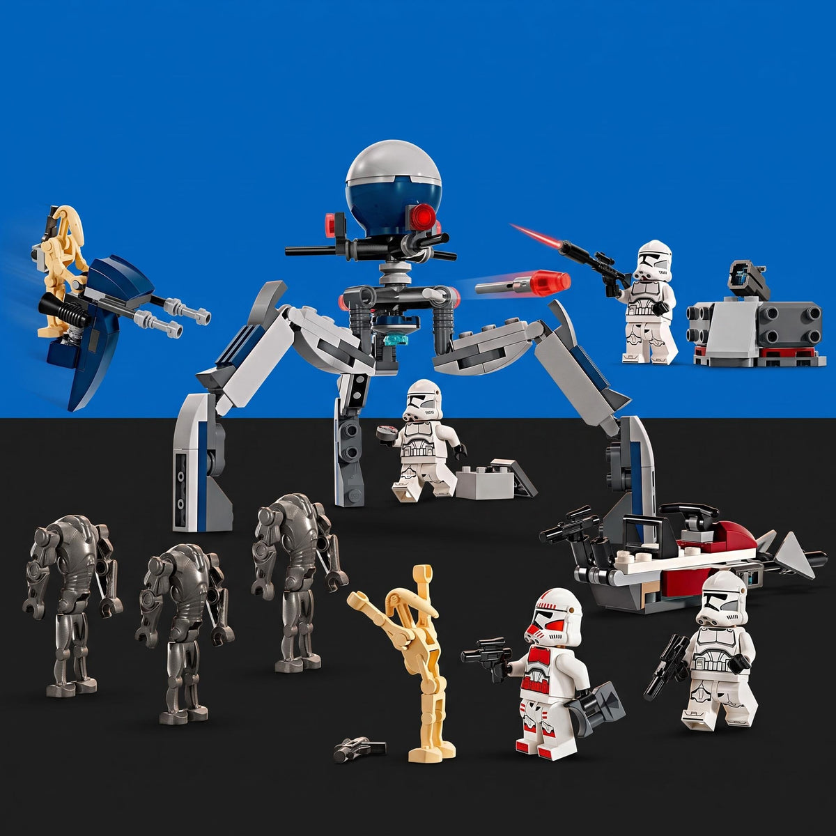 [built-blue-black] A set of Star Wars building block figures and a large spider-like mech toy arranged on a split blue and black background. Visible pieces include stormtroopers, a gold droid, gray walkers, a blaster, and a red-and-white vehicle.
