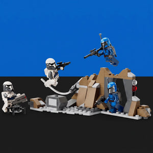 [built-blue-black] A LEGO Star Wars minifigure set displayed on a black-and-blue background. The set includes multiple LEGO Star Wars minifigures and a rocky baseplate with a gray control panel and weapon accessories.