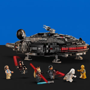[built-blue-black] A Star Wars Lego minifigures and Millennium Falcon set displayed on a black surface against a solid blue background. The set includes the Millennium Falcon model, a TIE fighter, and five minifigures: Luke Skywalker, Darth Vader, Chewbacca, Rey, and C-3PO.