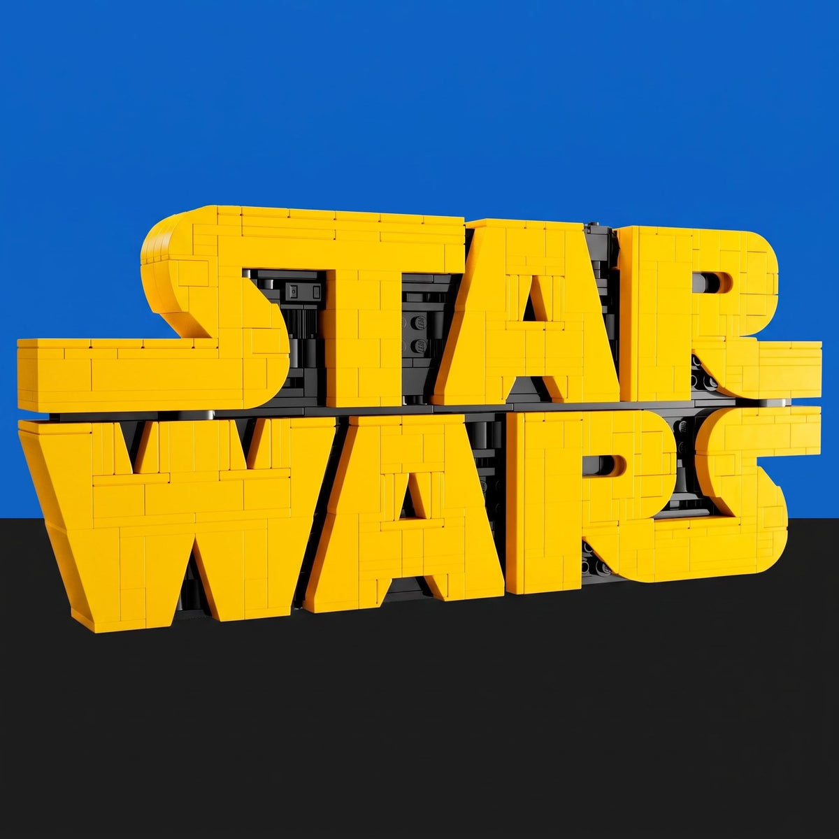 [built-blue-black] A large 3D block-style logo reading "STAR WARS" in bright yellow, with black paneling and depth details, set against a blue upper background and a black lower background.