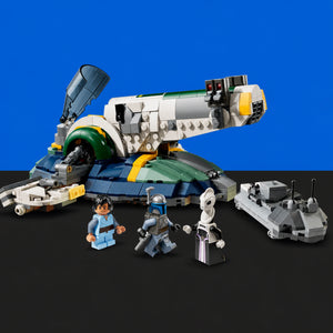 [built-blue-black] A LEGO Star Wars set featuring a large white and green space gun turret on a blue and gray base, with three minifigures and a gray landing craft, photographed on a black surface against a blue background.