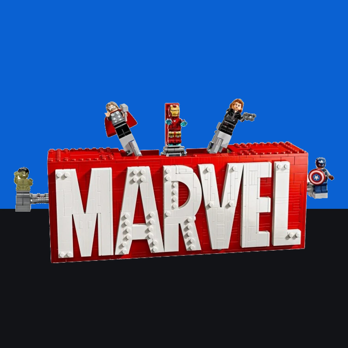 [built-blue-black] A LEGO-style Marvel logo sign made from red and white bricks, with small minifigures posed around it against a split blue and black background.