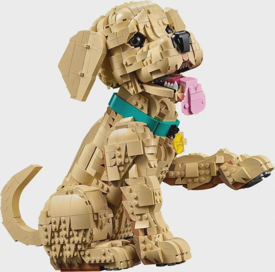 Golden Retriever LEGO set playing in a park