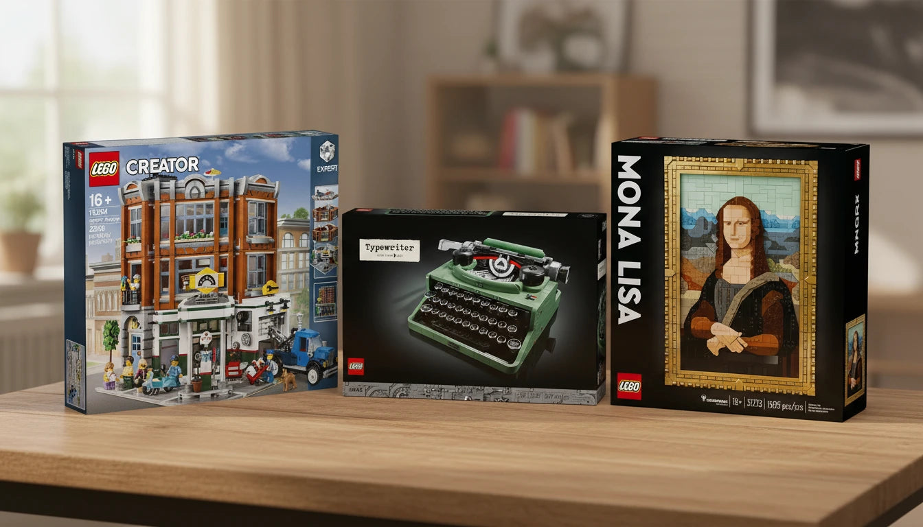 Three LEGO sets on a wooden table with a blurred indoor background