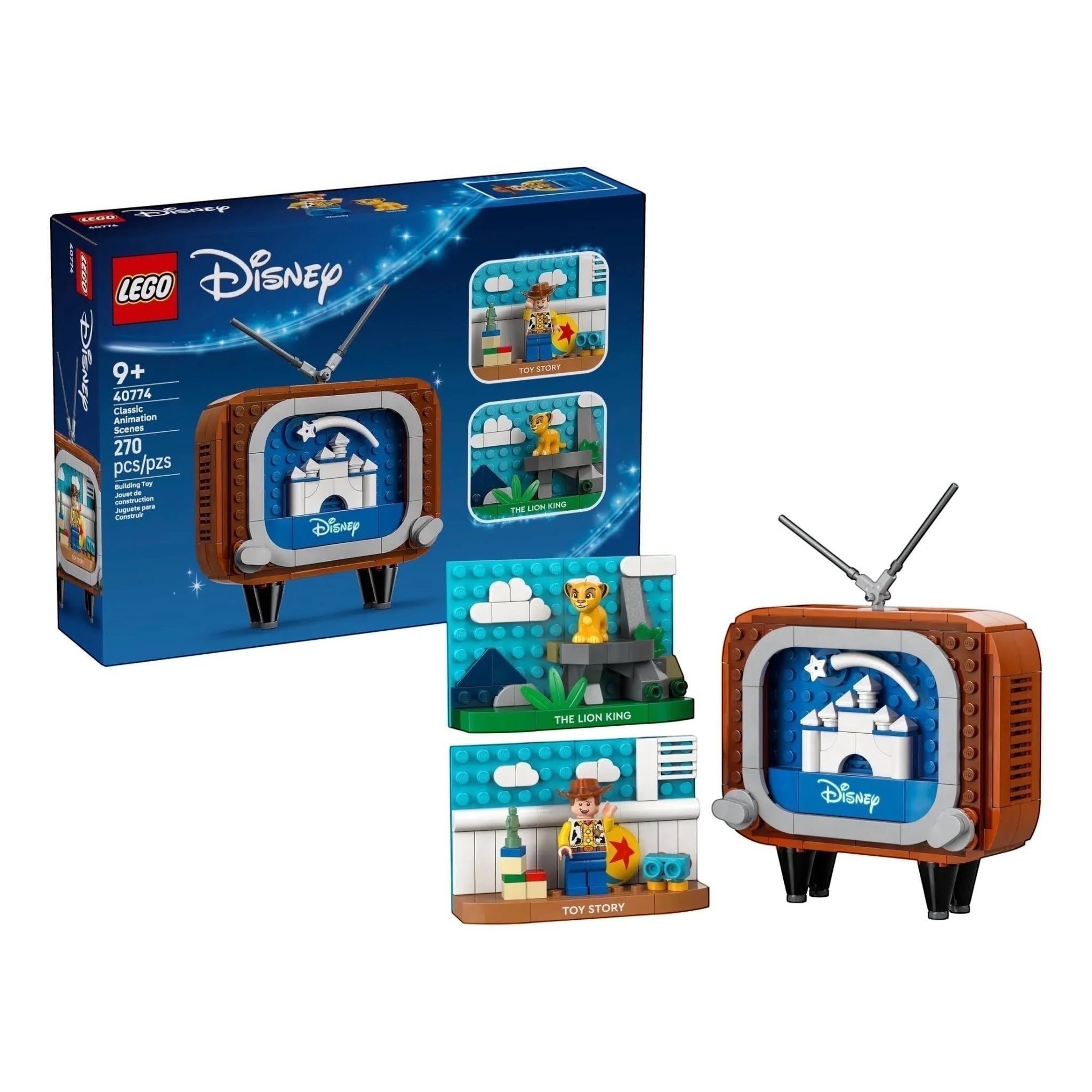 LEGO Disney The Little Mermaid The Lighthouse set 46274, showing the blue retail box, the assembled brown retro television toy with antenna, and the included minifigures and accessories on a white background.