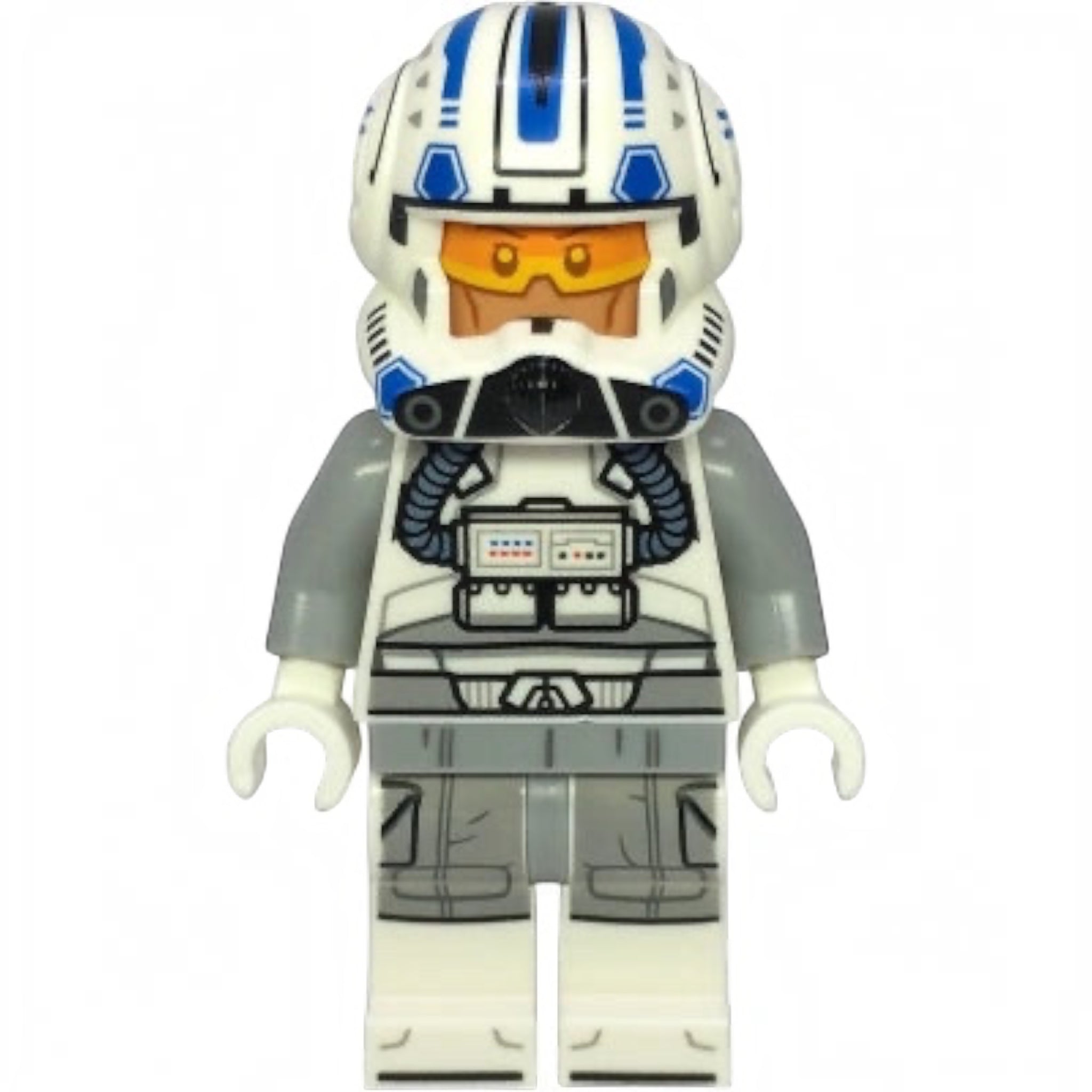 Toy figure with a space helmet and gray suit on a white background