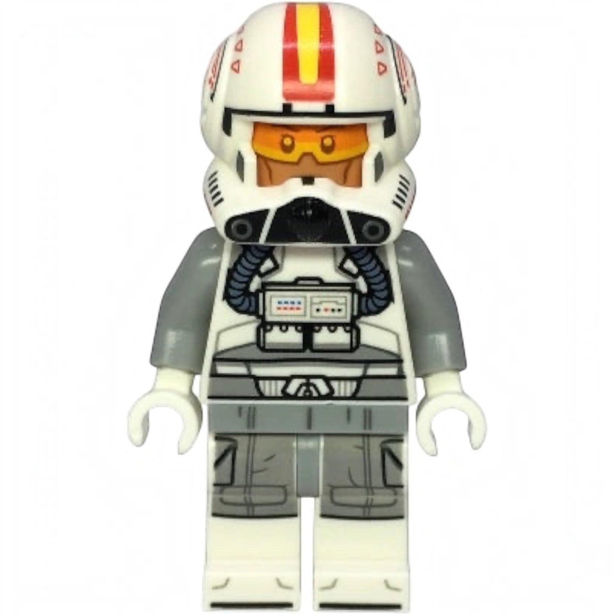 Toy figure in a space suit with a helmet featuring a red stripe on a white background