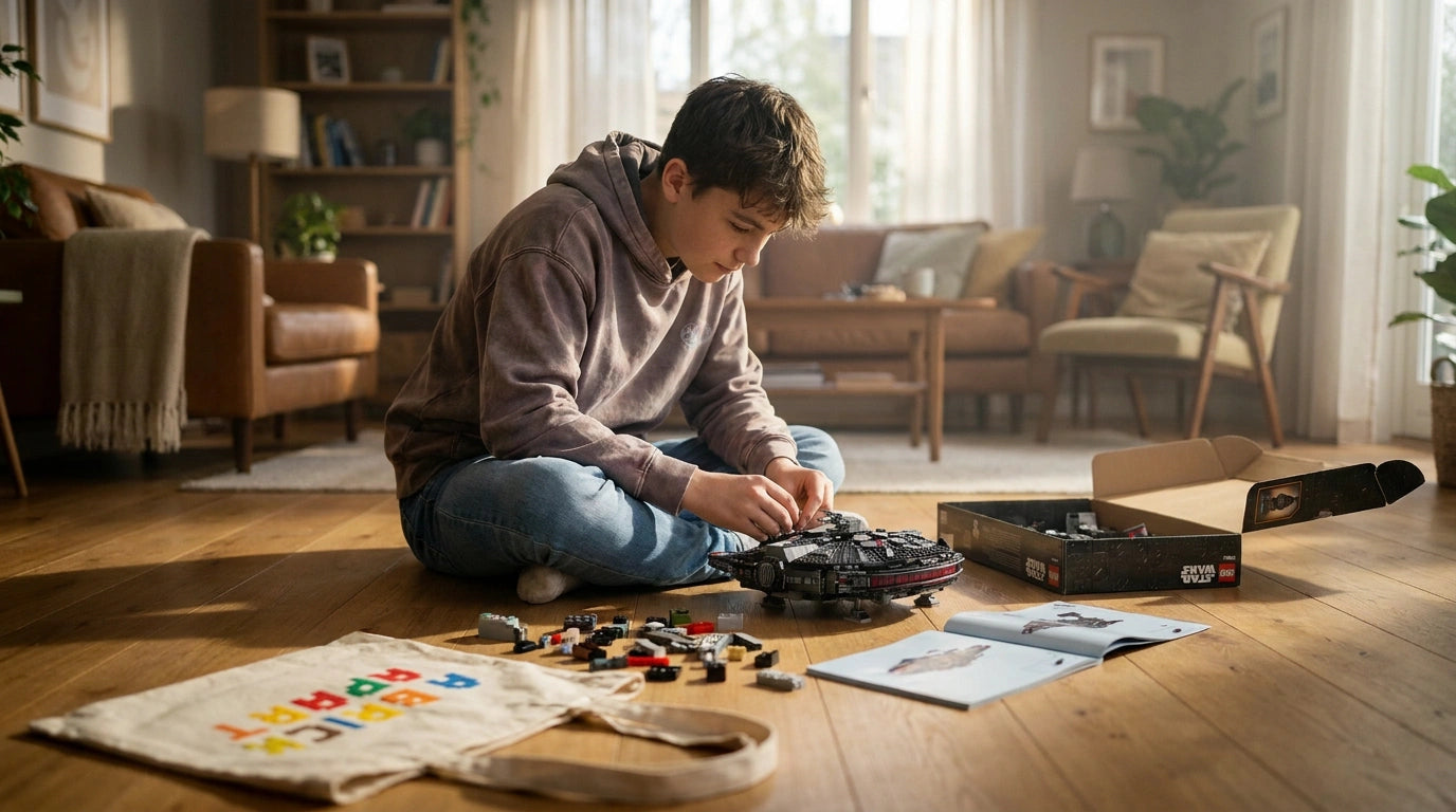 Child playing with building blocks on a wooden floor in a living room.