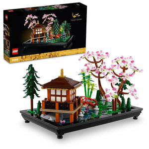 LEGO Japanese Garden set with cherry blossom tree, pagoda, and packaging on a white background
