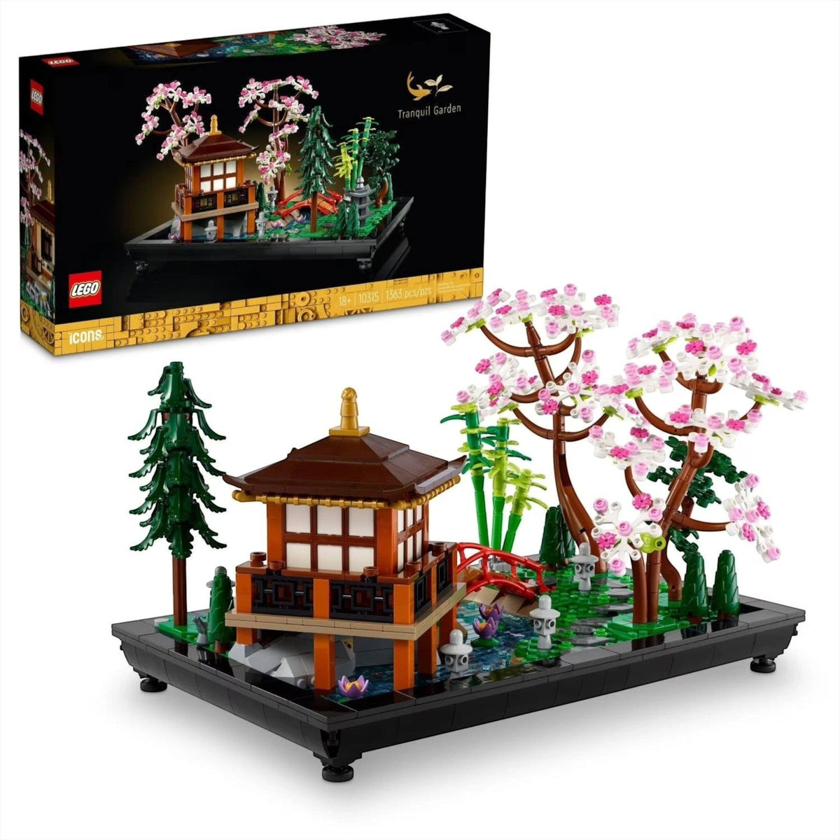[box-set] LEGO Japanese Garden set with cherry blossom tree, pagoda, and packaging on a white background
