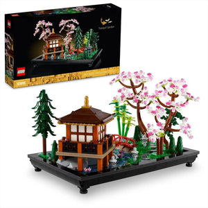 [box-set] LEGO Japanese Garden set with cherry blossom tree, pagoda, and packaging on a white background
