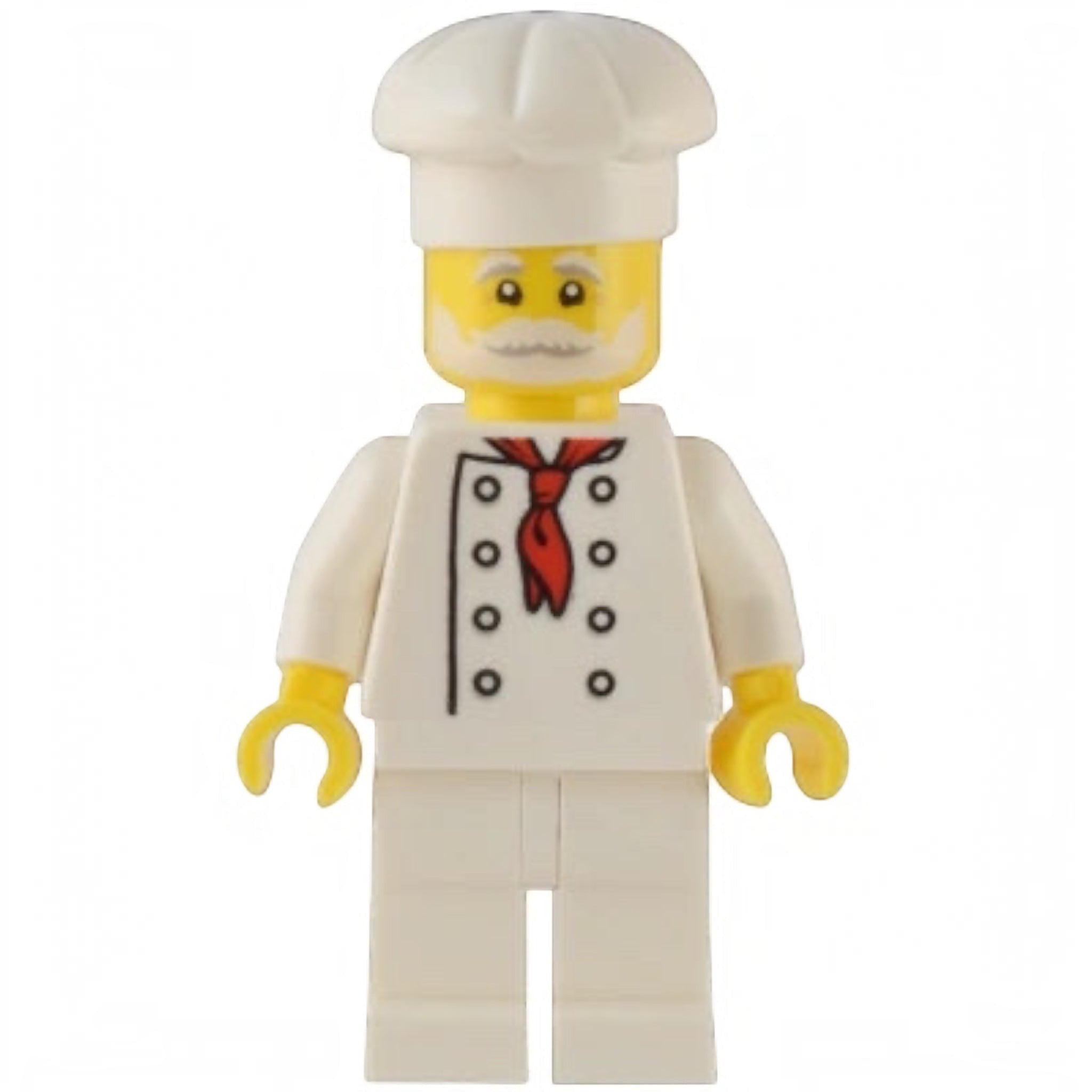 LEGO minifigure of a chef with a white hat and yellow gloves