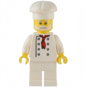 LEGO minifigure of a chef with a white hat and yellow gloves