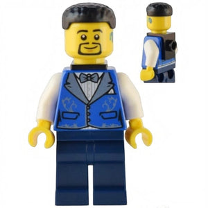 LEGO figure with a blue vest and bow tie on a white background