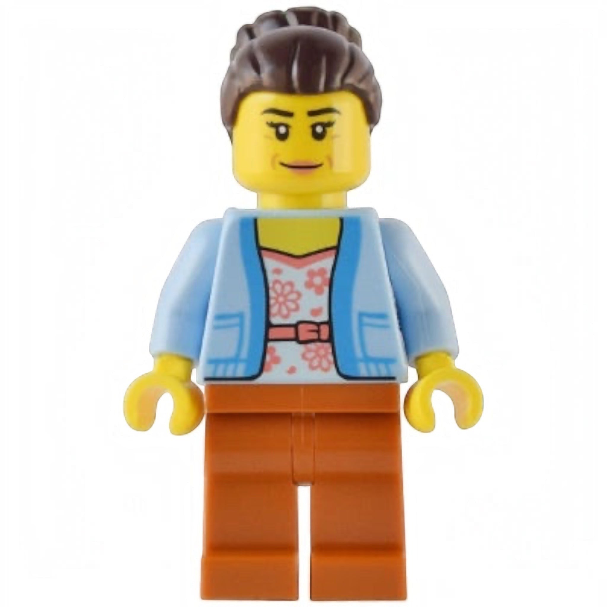 LEGO figure with a blue jacket, pink shirt, and orange pants on a white background