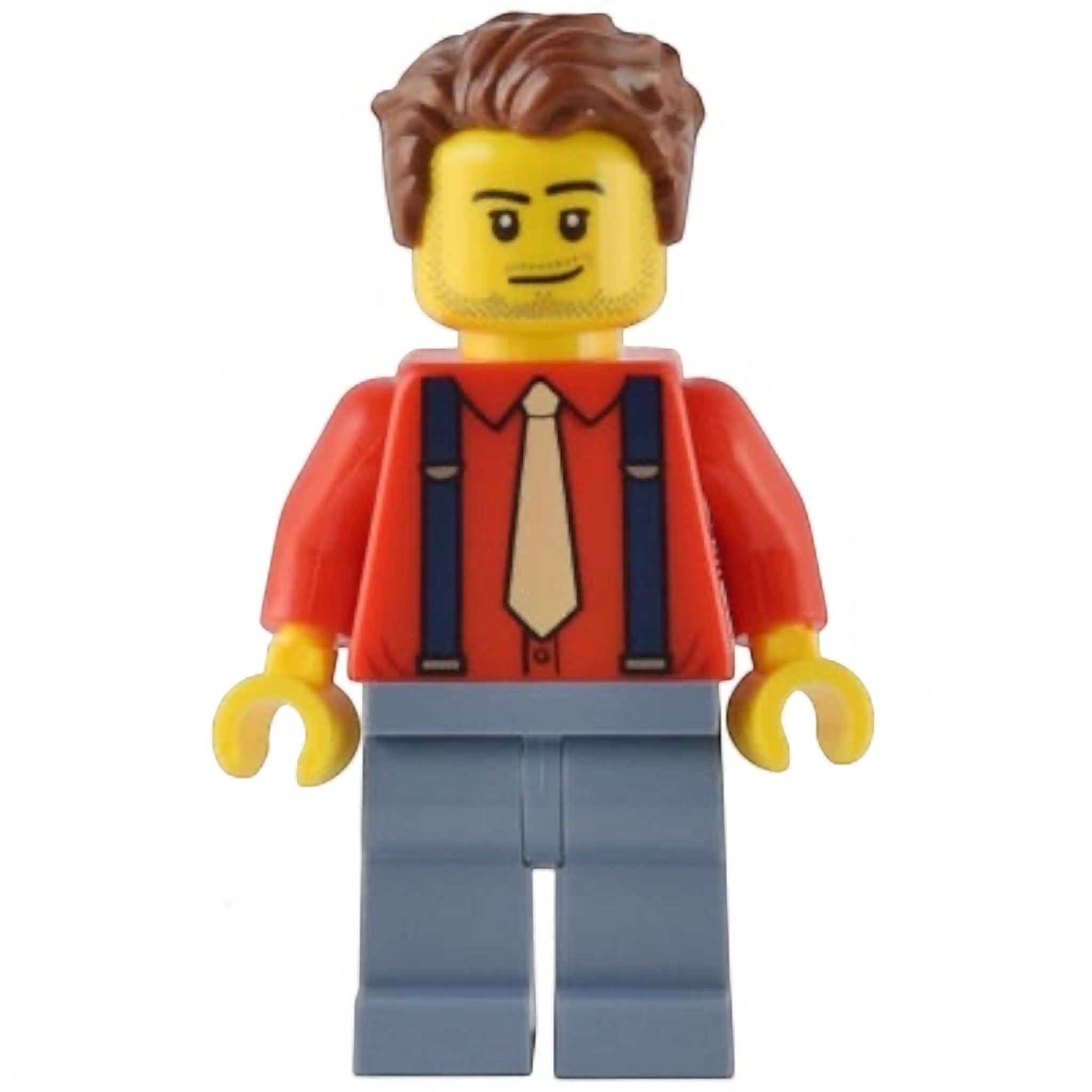 LEGO figure with a red shirt, blue pants, and yellow tie on a white background