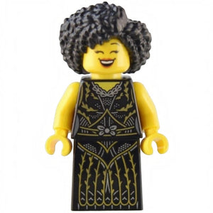 LEGO minifigure with black dress and curly hair on a white background