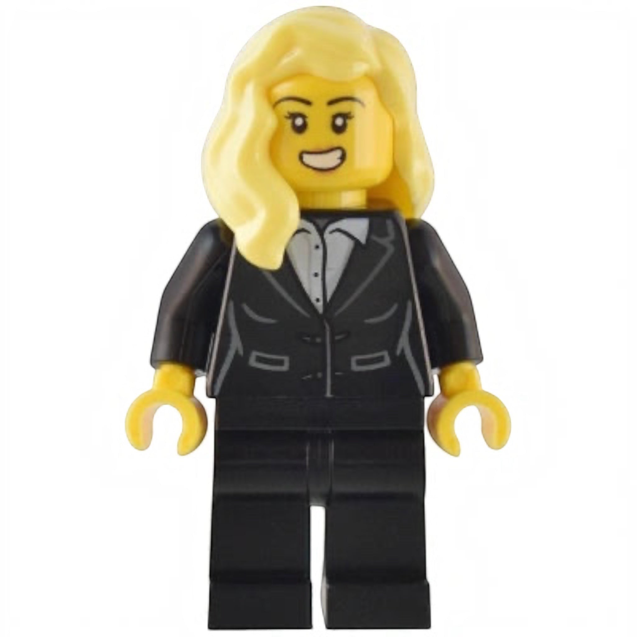LEGO minifigure with blonde hair wearing a black suit on a white background