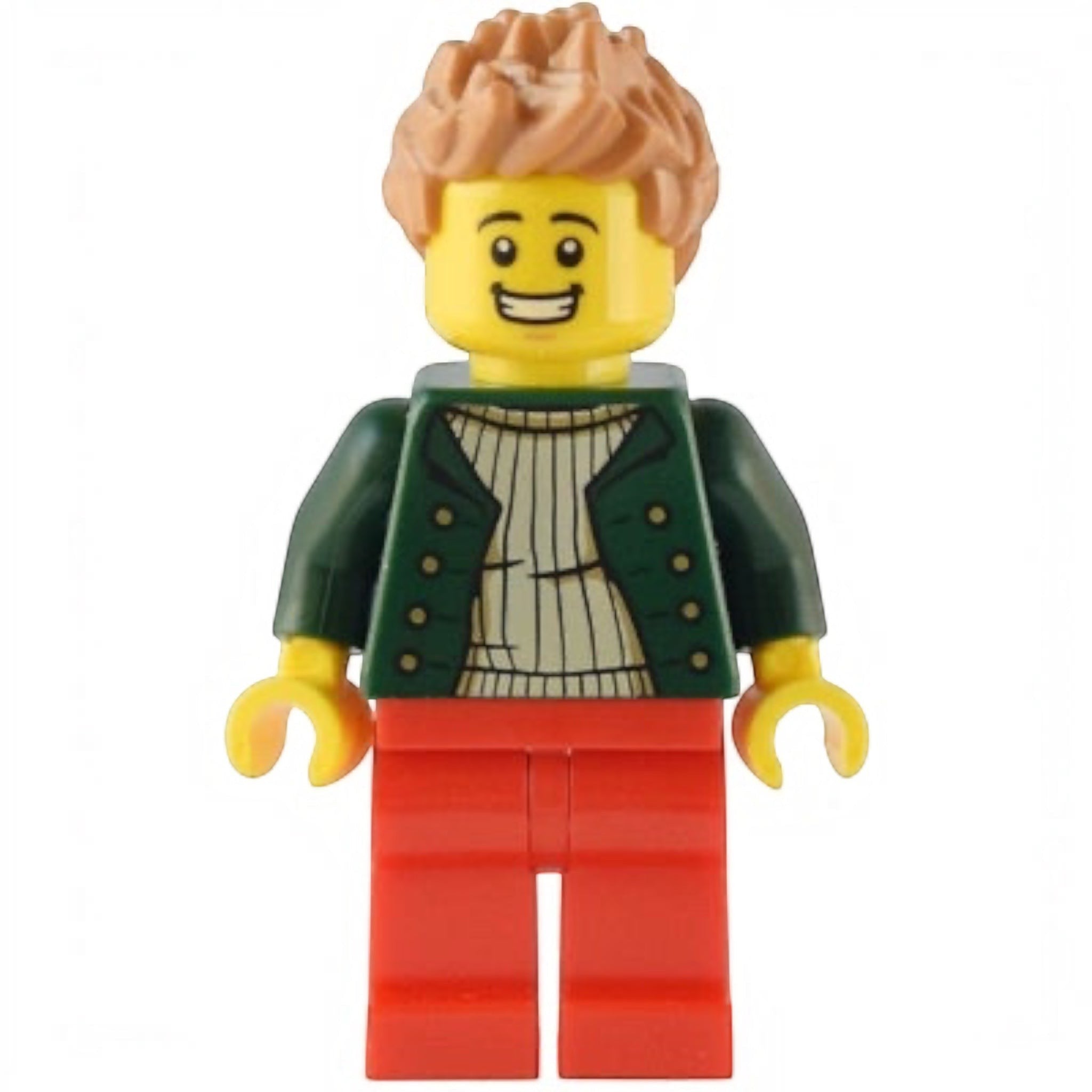 LEGO figure with a green jacket, red pants, and yellow shirt on a white background